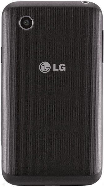 LG L40 rear view, showing black textured back panel with camera and LG logo