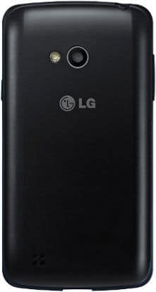 LG L50 smartphone, rear view, showing black glossy back with camera and LG logo