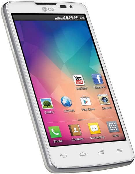 LG L60 smartphone, front view, white with colorful gradient display showing home screen apps