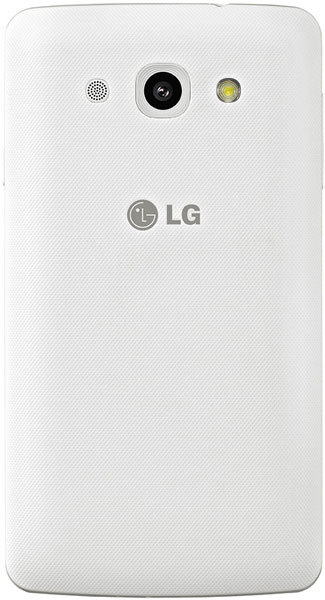 LG L60 rear view, white phone showing camera lens, flash, and speaker grille