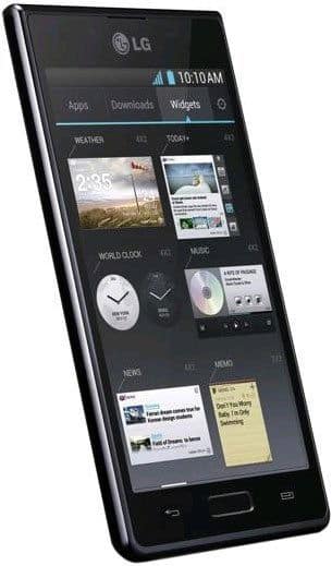 LG Optimus L7 smartphone displaying home screen with widgets, apps, and widgets in a grid layout, shown from front angle