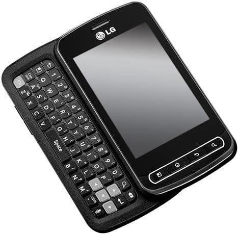 LG Optimus Zip front view, black phone with slide-out QWERTY keyboard and touchscreen display