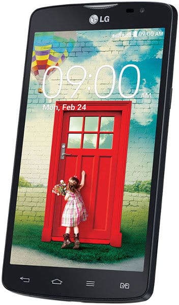 LG L80 smartphone, front view, displaying lock screen with red door and child illustration at 9:00 AM on Feb 24