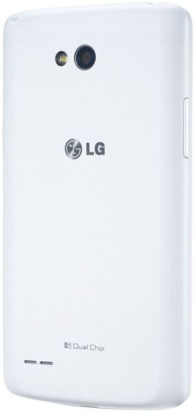 LG L80 rear view, white smartphone with dual cameras and LG logo visible