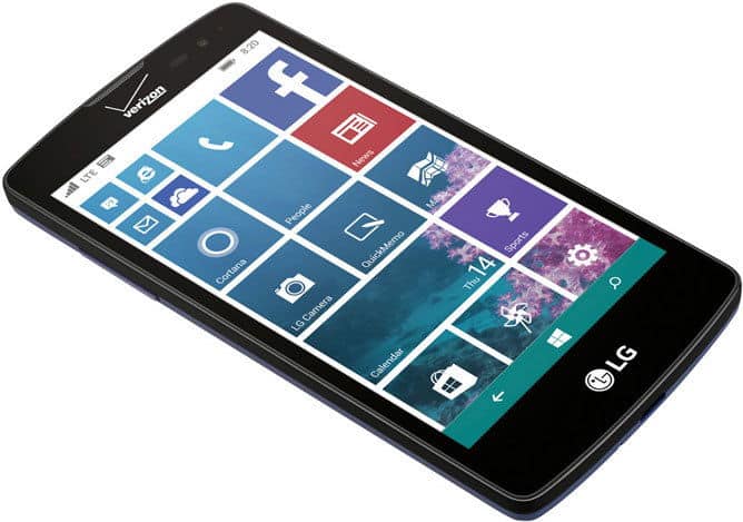 LG Lancet smartphone displaying Windows home screen with app tiles, shown at an angle from the front