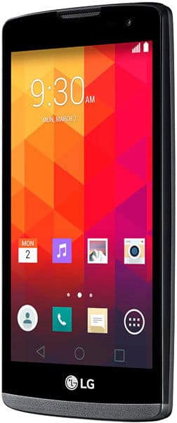 LG Leon smartphone, front view, displaying colorful home screen with time 9:30 AM and app icons