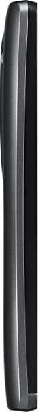 LG Leon smartphone, side view, showing black casing with curved edges and chrome accent stripe