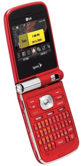 Front view of red LG Lotus Elite flip phone open, QWERTY keyboard visible, home screen set to July 4, 2010. Sprint branding below screen.