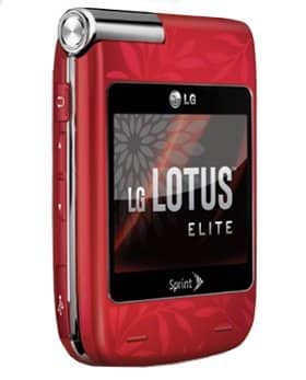 Front-side view of a red LG Lotus Elite flip phone, partially open, showing floral pattern, logo on screen, and Sprint branding.
