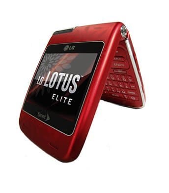 Front view of red LG Lotus Elite flip phone, partially open to show QWERTY keyboard and screen with “LG LOTUS ELITE” text.