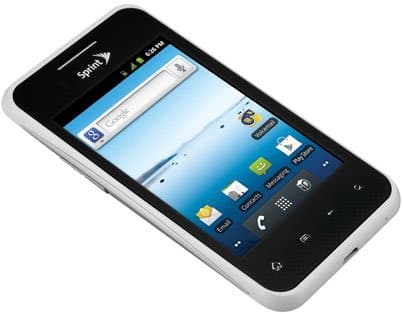 LG Optimus Elite front view, black and white smartphone with blue home screen displaying apps and icons