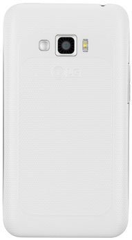 LG Optimus Elite rear view, white phone with camera and flash
