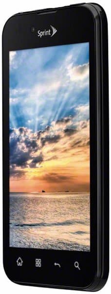 LG Marquee smartphone displayed from front, showing sunset beach scene on screen with Sprint branding visible