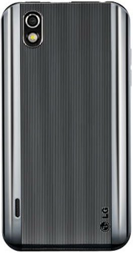 LG Marquee rear view showing vertical ribbed texture, dual camera lens, and chrome side trim on black back panel