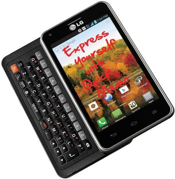 LG Mach smartphone with slide-out QWERTY keyboard, displayed at an angle showing screen with autumn landscape wallpaper and home screen icons