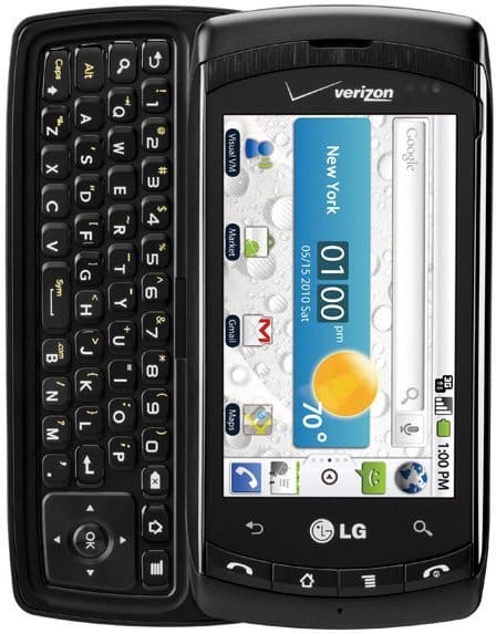 LG Eclipse front view with slide-out QWERTY keyboard and touchscreen displaying weather app