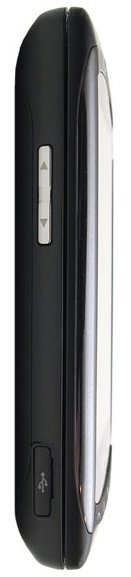 LG Eclipse side view, black and silver flip phone with external display window and USB port visible