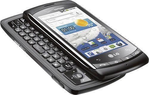 LG Eclipse smartphone displayed open, showing slide-out QWERTY keyboard on left and touchscreen with weather app on right