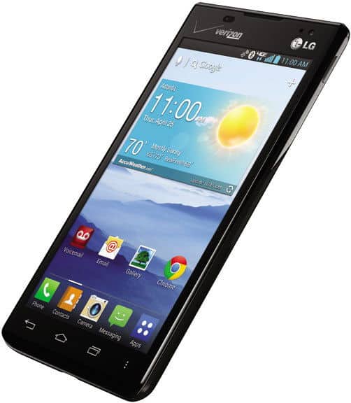 LG Lucid 2 smartphone front view with black display showing weather widget, time 11:00, and home screen icons