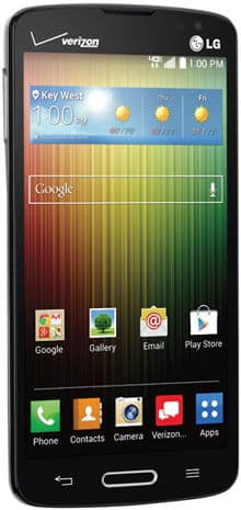 LG Lucid 3 front view showing home screen with weather widget, Google search bar, and app icons including Phone, Contacts, Camera, and Play Store