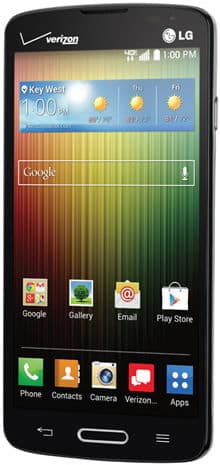LG Lucid 3 smartphone front view, displaying home screen with weather widget, Google apps, and Android interface