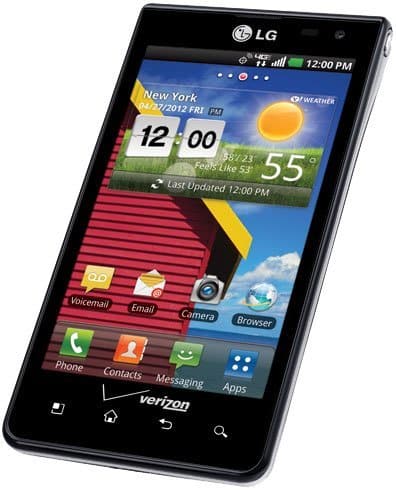LG Lucid 4G front view with screen displaying weather widget, time, and home screen apps on Verizon network