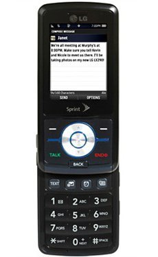 Front view of black LG LX-290 slider phone, numeric keypad extended, text message on screen, Sprint logo below display.
