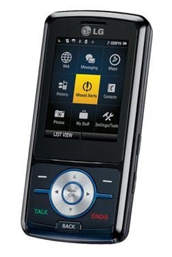 Front view of black LG LX-290 slider phone with color menu screen, navigation pad, and TALK/END keys below the display.