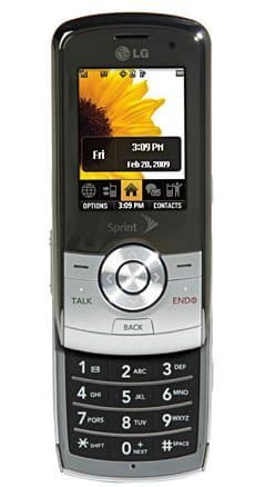 LG LX-370 front view with screen displaying yellow flower, numeric keypad, and silver accent trim