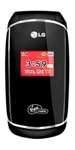 Front view of closed black LG Flare flip phone showing external screen with time, date, and signal; LG logo near the bottom.