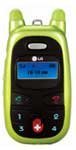 LG Migo VX1000 phone, front view, lime green and black with blue screen and red buttons