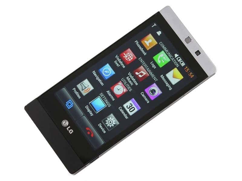 LG Mini GD880 front view with screen displaying app icons and menu options