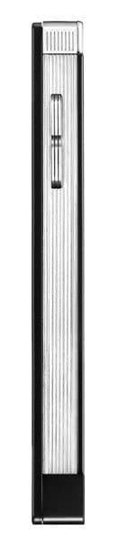 LG Mini GD880 front view, slim black and silver flip phone with vertical ribbed design and small display window