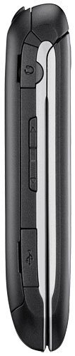 LG Select phone viewed from the side, showing black exterior with silver center stripe and control buttons
