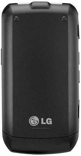 LG Select flip phone, rear view, black with closed clamshell design