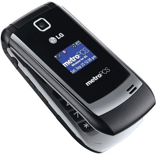 LG Select flip phone with open screen displaying MetroPCS branding, front view