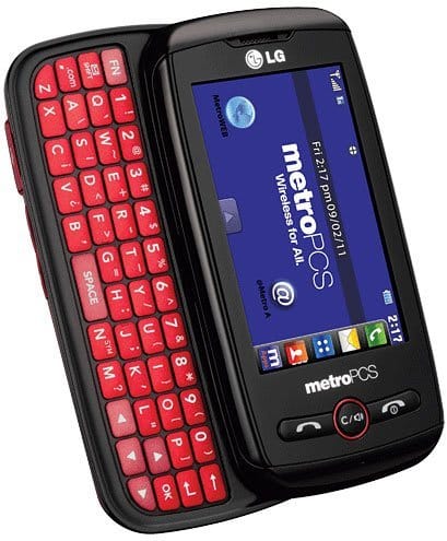 LG Beacon phone with slide-out red QWERTY keyboard, front view showing blue Metro PCS screen
