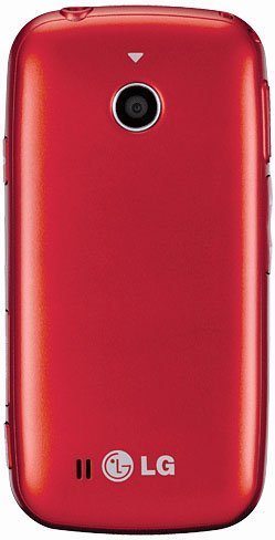 LG Beacon red flip phone, rear view showing camera lens and LG logo