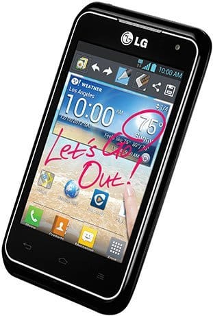 LG Motion 4G smartphone front view with home screen displaying time, weather widget, and app icons on black background