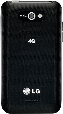 LG Motion 4G phone, rear view showing black textured back with camera lens and LG branding
