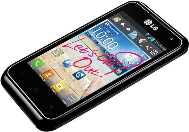 LG Motion 4G front view, black smartphone displaying home screen with apps and customized wallpaper