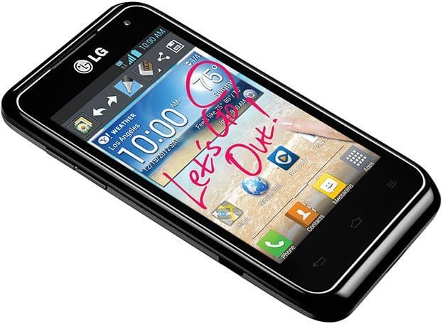 LG Motion 4G smartphone front view with screen displaying home screen widgets and app icons