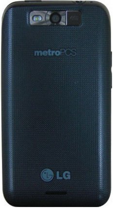 Rear view of LG Connect 4G in dark color; textured back, single rear camera with flash, metroPCS branding above LG logo.