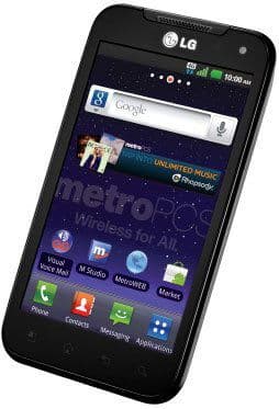 Front view of black LG Connect 4G phone showing MetroPCS home screen with app icons, Google bar, and 10:00 AM on display.