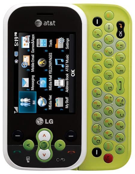 LG Neon front and side view, showing black screen with green navigation buttons and lime-green QWERTY keyboard panel