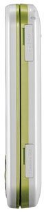 LG Neon phone displayed from the front, showing a narrow rectangular device with a vertical green stripe down the center of its white exterior