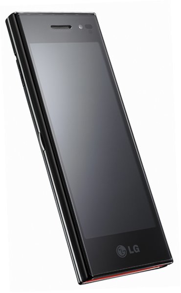 LG New Chocolate phone, front view, displaying dark screen with LG logo at bottom and black frame with red accent strip on side