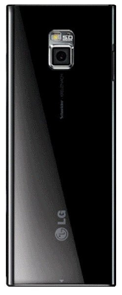 LG New Chocolate rear view, black slider phone with camera and metallic accent