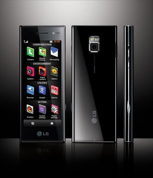 LG New Chocolate phone displayed front, back, and side views showing touchscreen interface and glossy black exterior