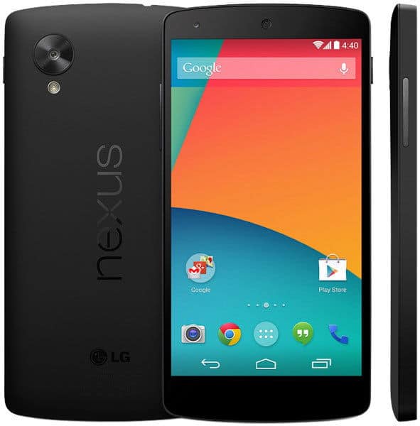Nexus 5 front, rear, and side views showing black phone with Google search and colorful Android home screen displaying apps and widgets